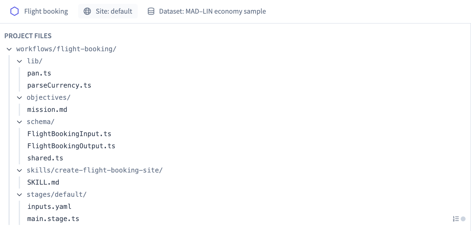 Project file tree with stage status indicators