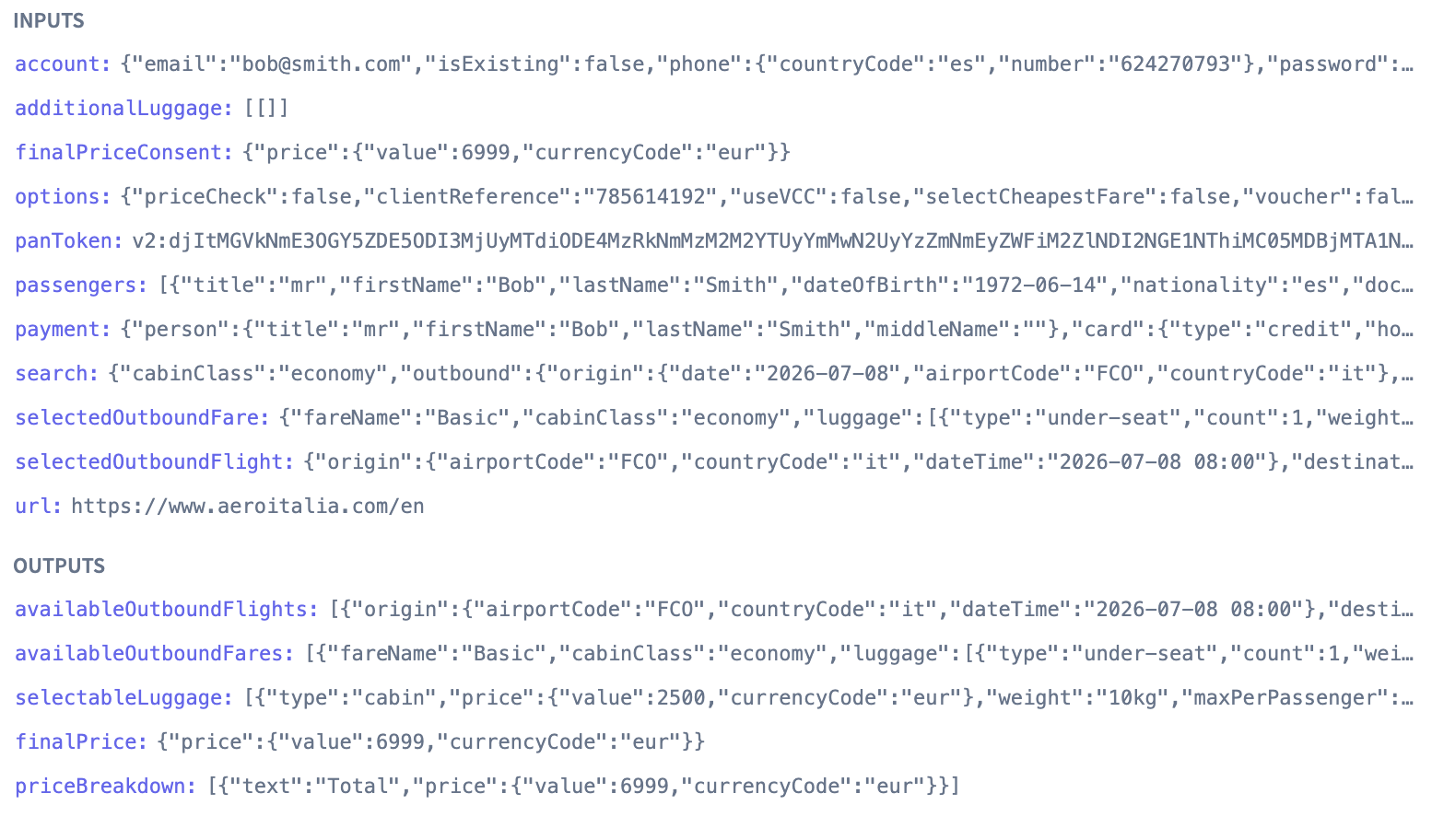 Inputs and outputs list with JSON detail view