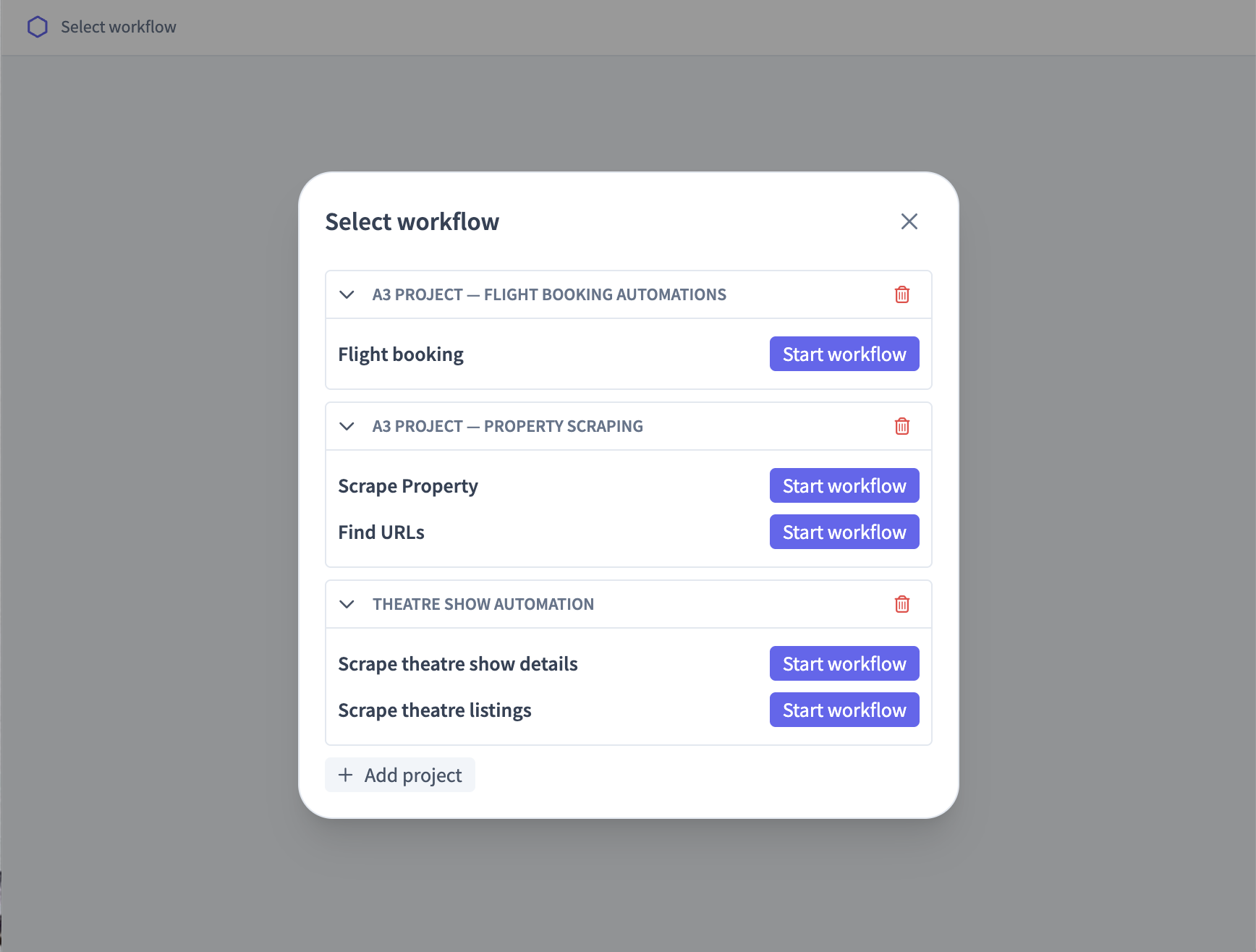Workflow, site, and dataset selectors in the top bar