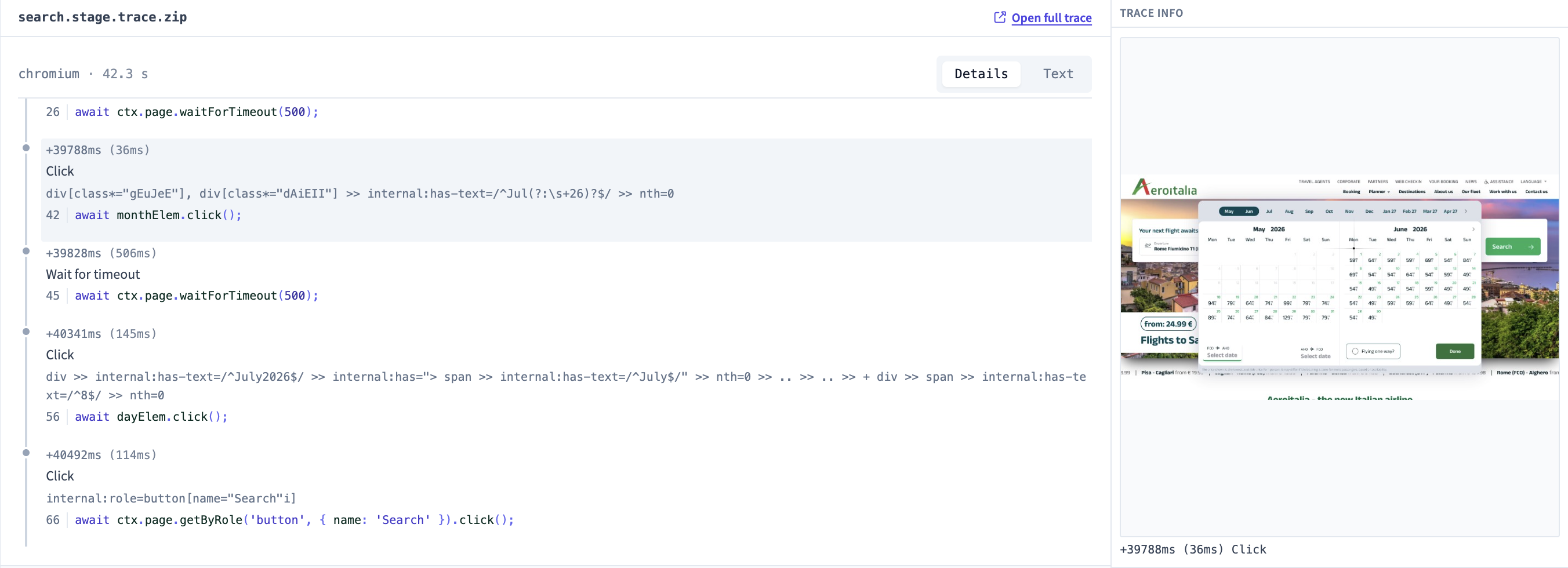 Trace timeline with screencast frame preview